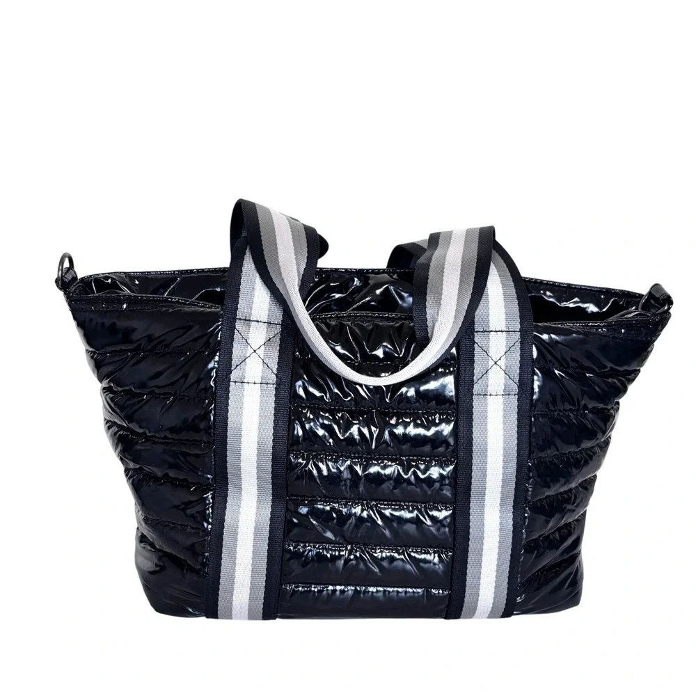 Think Royln Womens Wingman Puffer Tote Bag Black Quilted Patent Leather Travel